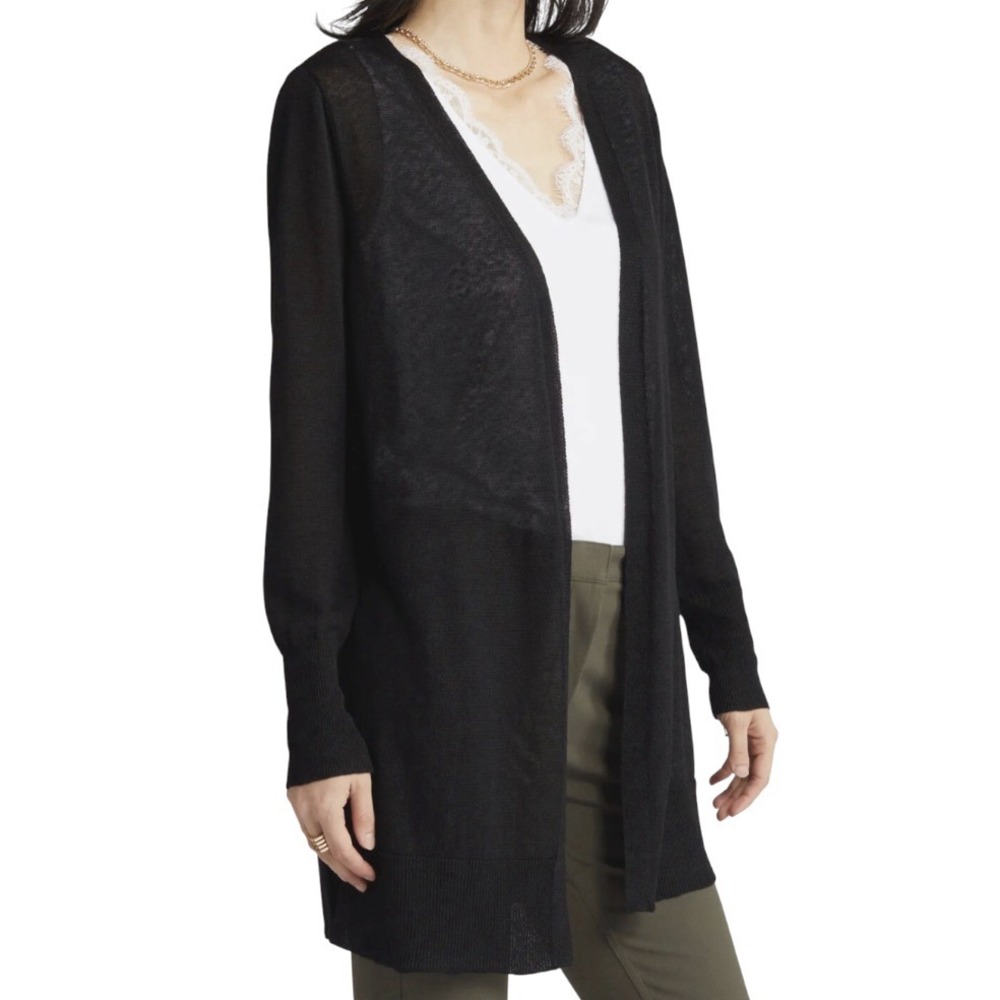 HALOGEN Nordstrom BLACK OPEN SWEATER CARDIGAN Longer Style LINEN BLEND Duster M